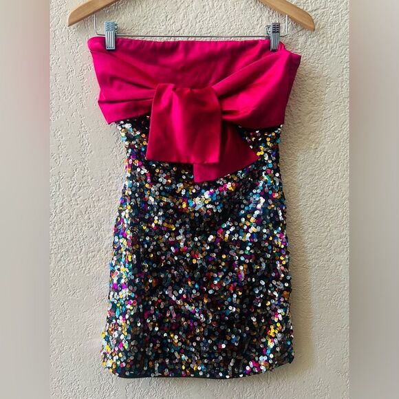 A. Calin by Flying Tomato Sequin Cocktail Dress Sz Small Colorful Strapless - Picture 2 of 8